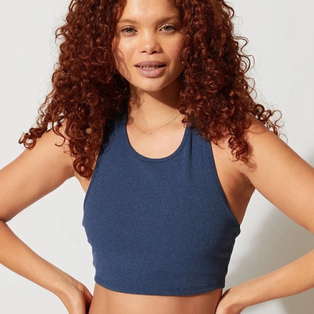 Threads 4 Thought ReActive Ribbed Crop Tank Top Navy Blue Large NWT Racerback